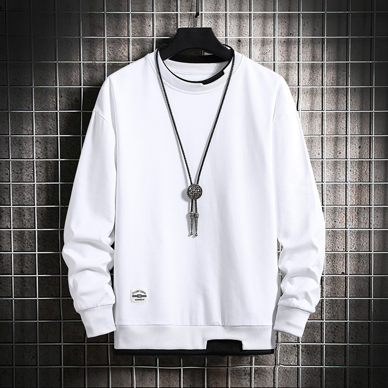 Men's Hoodies & Sweatshirts 2022 Spring and Autumn Long Sleeve O-neck T-shirt False Two Solid Color Round Collar Casual Top Male Pullover