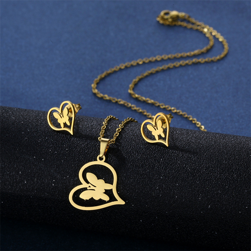 Stainless Steel Butterfly Necklace Glossy Heart Pendant Girlfriends Clavicle Chain Stud Earrings Set Jewelry Gift for Women, Golden
Stainless Steel Butterfly Necklace Glossy Heart Pendant Girlfriends Clavicle Chain Stud Earrings Set Jewelry Gift for Women, Golden