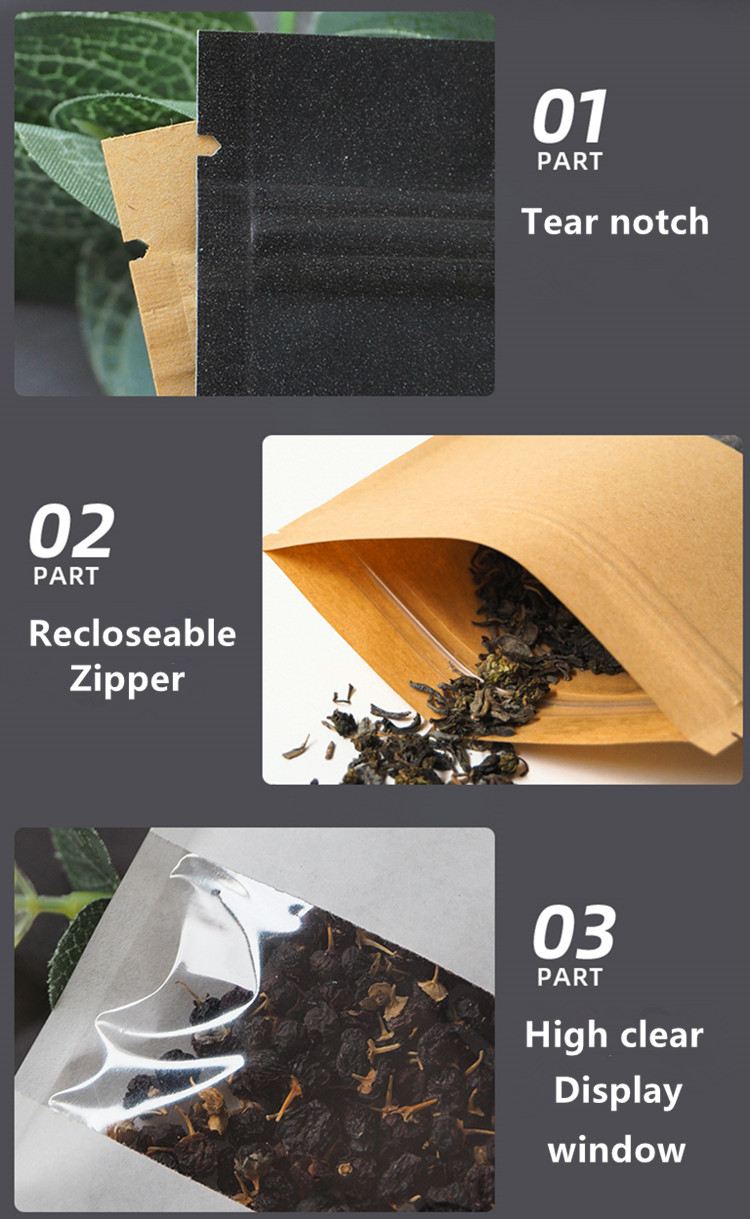 100pcs Flat Bottom Kraft Black White Paper Window Zip Lock Bag Resealable Snack Coffee Beans Powder Candy Capsule Nuts Tea Heat Sealing Packaging Pouc