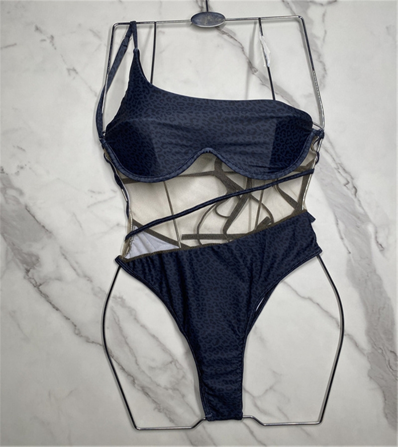 One Shoulder Leopard Swimsuits Padded Push Up Women's Swimwear Outdoor Beach Swimming Bandage One-piece Swimsuits