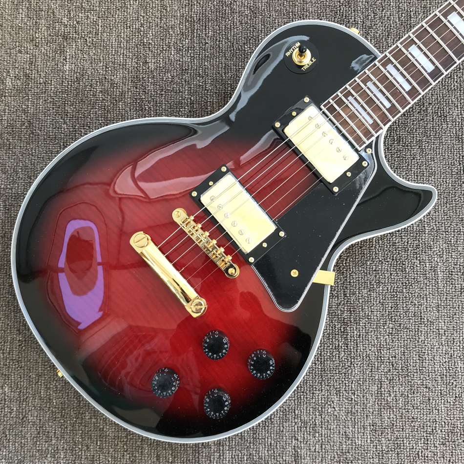 Custom LP electric guitar, gold hardware, rosewood fingerboard, Red flame maple top, solid mahogany body guitar, 01
Custom LP electric guitar, gold hardware, rosewood fingerboard, Red flame maple top, solid mahogany body guitar, 01