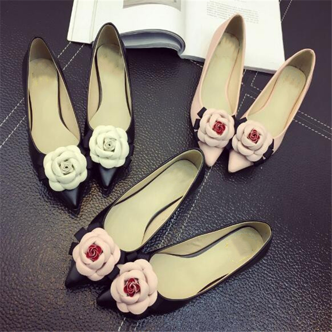 New Arrival Sweet Flowers Shoes Fashion Women Camellia Flower Shallow Mouth Pointed Toe Flat Shoes Lady Dress Shoe
