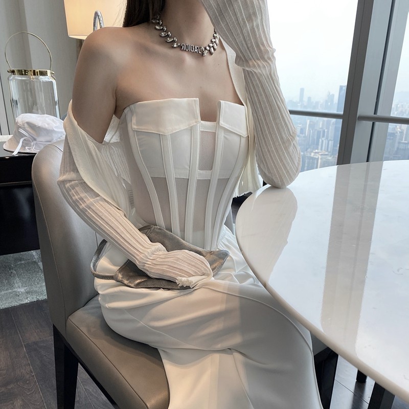 GetSpring Women Crop Tops Zipper Lace Corset Fishbone Tank Sexy Backless Strapless High Waist Summer Fashion 220316