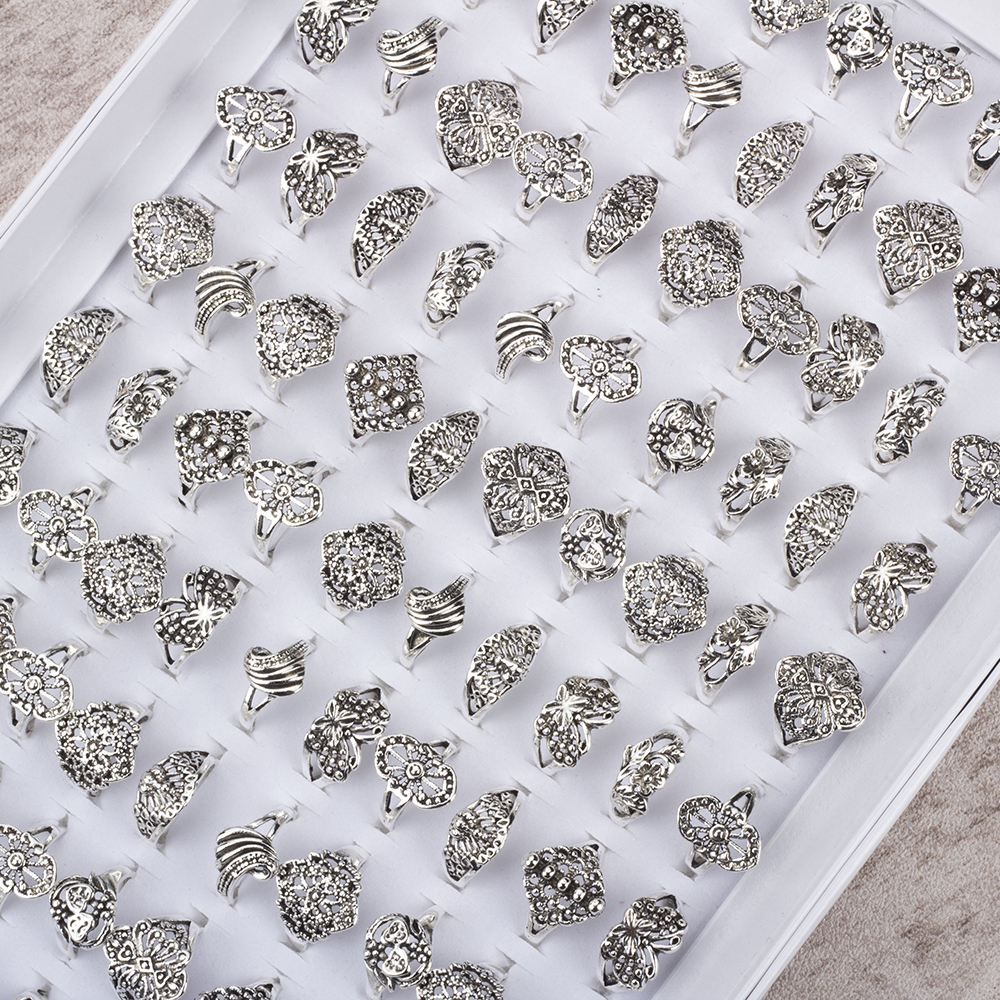 100Pcs Mix style Flower Elegant Alloy Band Rings Vintage Rings for women Jewelry Whole lots