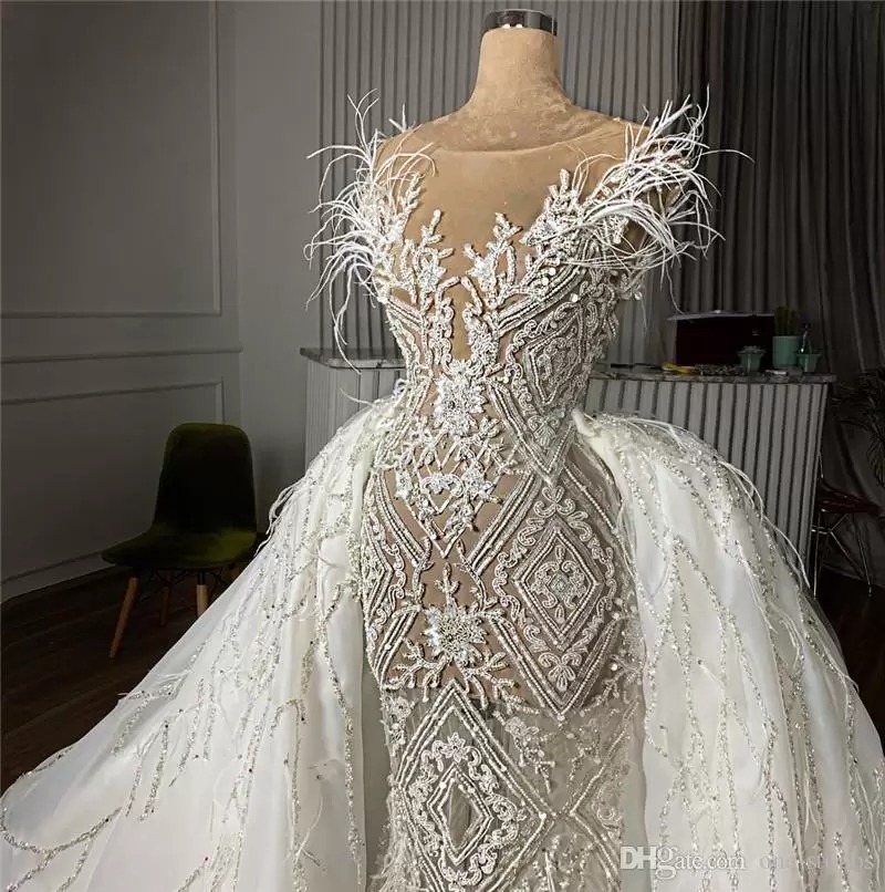 New Arrival Bridal Gown Crystal Beaded Mermaid Wedding Dresses With Detachable Train Appliqued Feathers Saudi Arabic Dubai Luxury