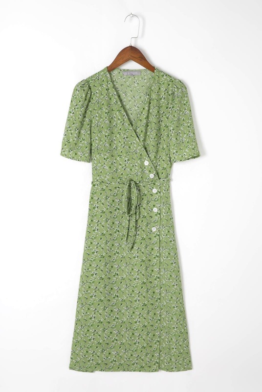 Retro V neck Front Slit Flower Wrap Dress Woman Tie Bow Lace up Waist Short Sleeve Below Knee Tea Dresses Holiday Robe 220511