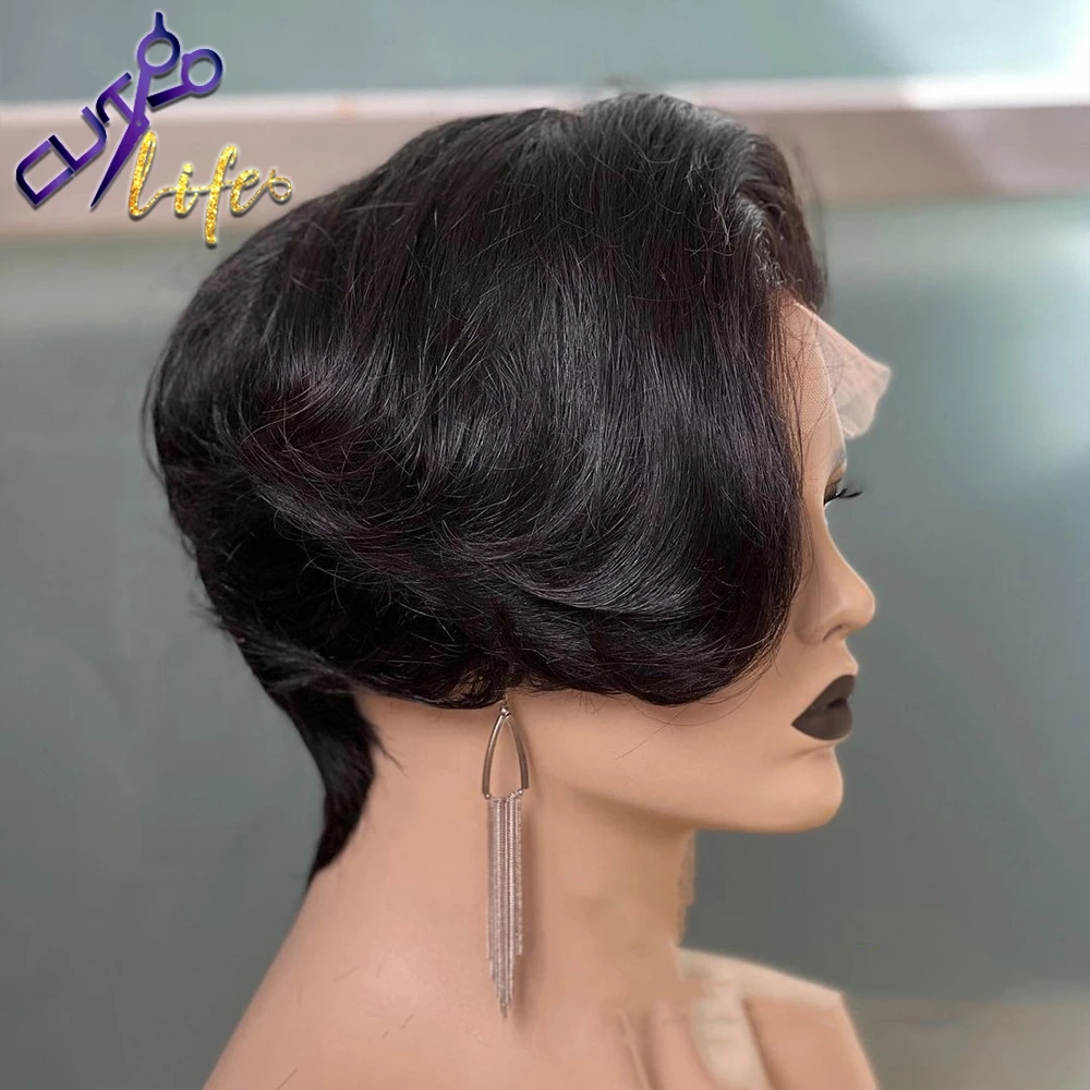 Free shipping Short Pixie Cut Lace Frontal Natutral Black Wavy Bob Wig Human Hair Wigs For Women Remy Pre Plucked Glueless
