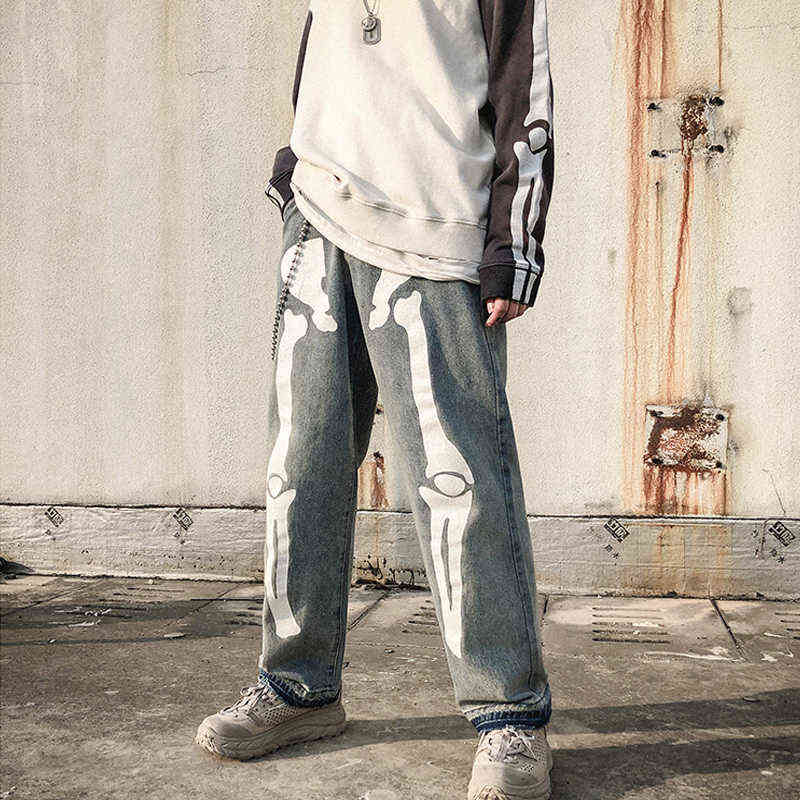 Men Skeleton Oversized Black Jeans Pants 2021 Denim Mens Streetwear Hip Hop Harem Pants High Wasit Denim Pants Overalls G0104