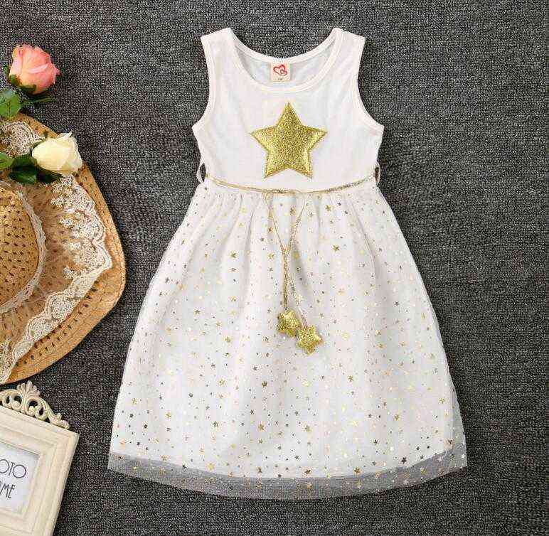 White Black Summer Kids Girl Dresses Gold Star Baby Clothes Casual Cute Lovely Cotton Voile Party Children Tutu Dress for Girls Y220510