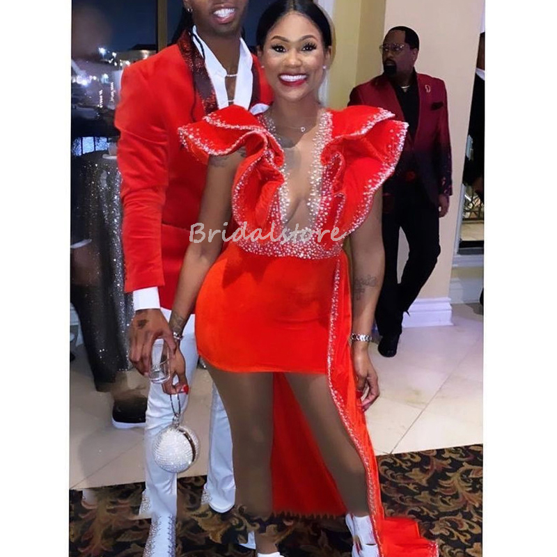 Luxury Black Girls Short Prom Dress Orange With Beaded Illusion Neck Ruffles Velvet Aso Ebi Evening Dress 2022 Cocktail Party Wear Special Occasion Ro