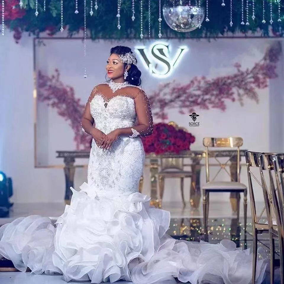 Luxury African Cascading Ruffles Wedding Dress Long Train Crystals Beaded High Neck Mermaid Bridal Gowns Long Sleeve Aso Ebi Bride Dresses Custom Made