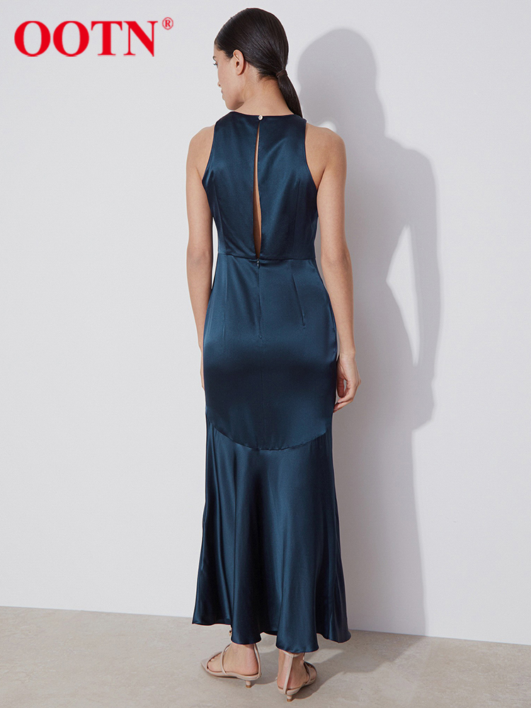 OOTN Elegant Satin Tank Dress Summer Hollow Out Spliced Trumpet Dress Party O-Neck Navy Blue Night Midi Dresses For Women 220511