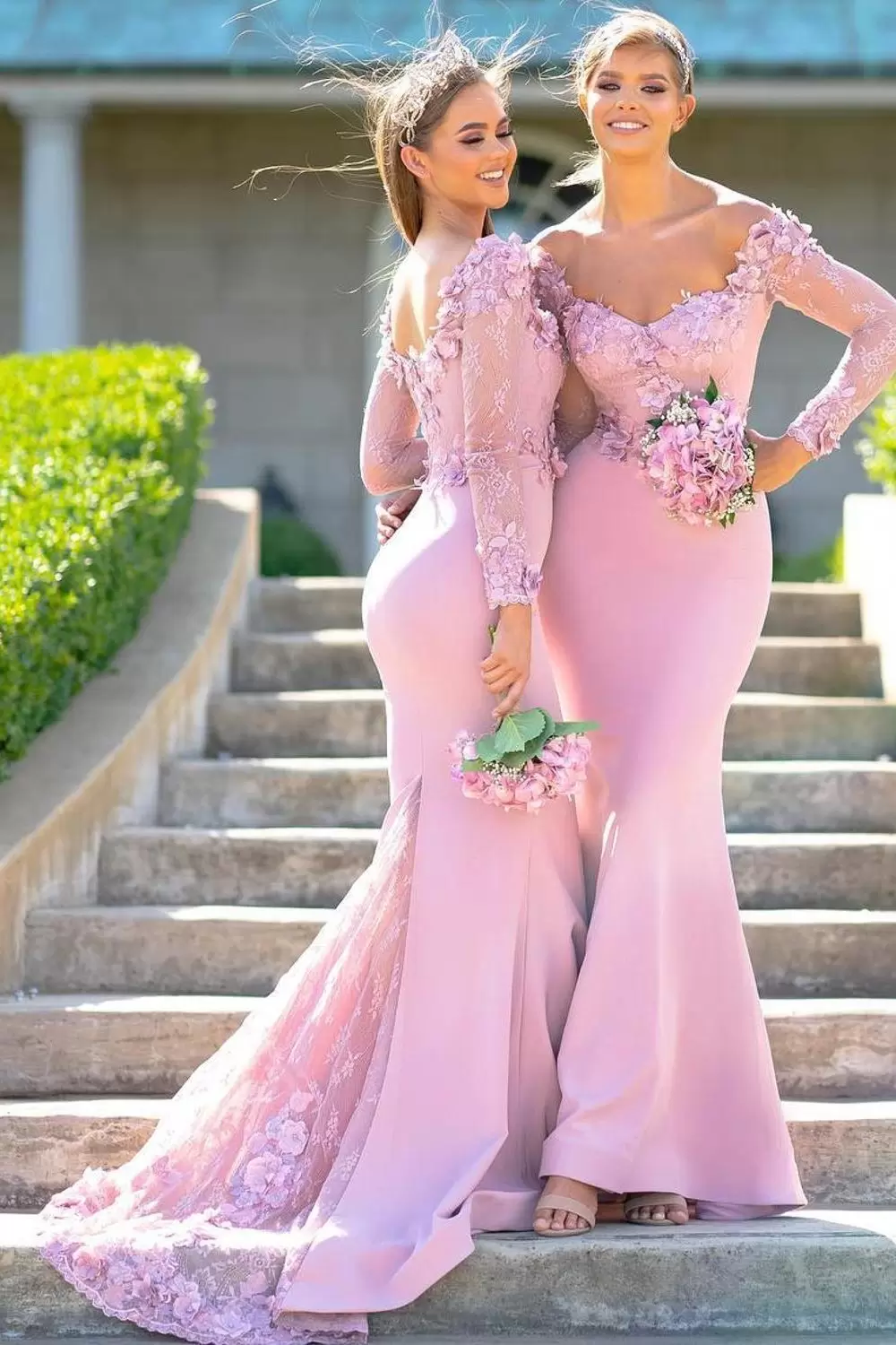 Mermaid Bridesmaid Pink Dresses Satin Long Sleeves Sweep Train African Plus Size Maid of Honor Gown Country Wedding Party Wear Vestidos