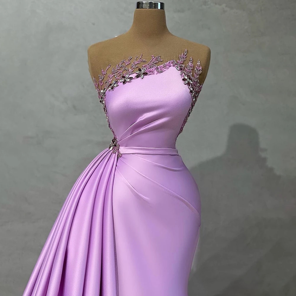 Satin Elegant Lilac Mermaid Prom Dresses With Tarin Side Split Sheer Neck Appliqued Bead Plus Size Women Gowns Formal Evening Dress