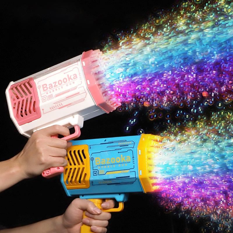 

Bubble Gun Boom Blower Rocket 69 Holes Water Gun Toys Soap Machine Shape Automatic With Light For Kids Outdoor Pomperos Day Gift