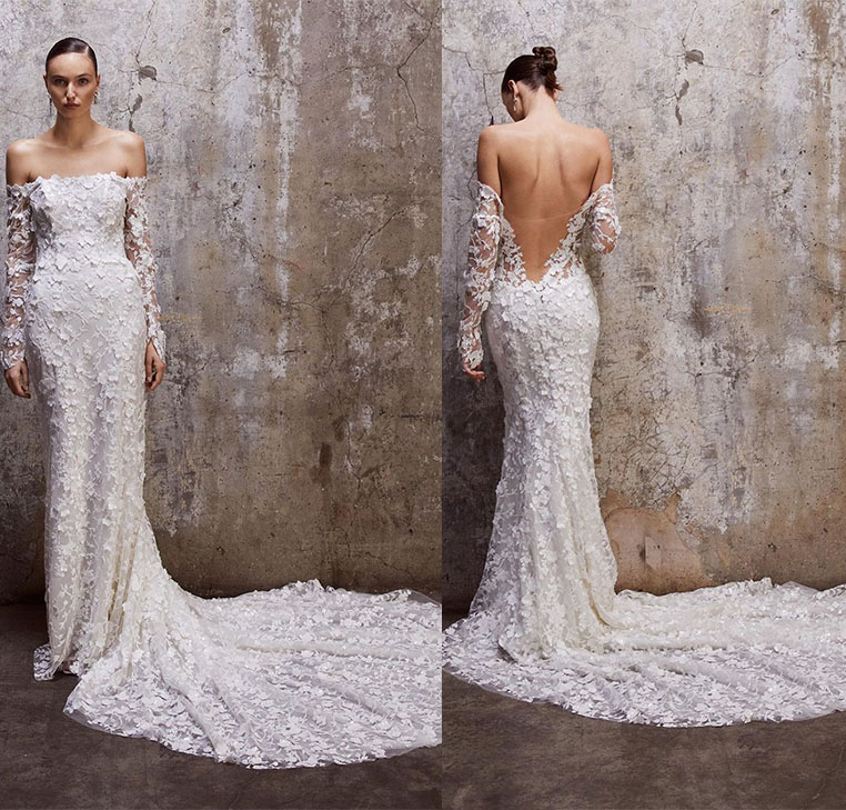 Sheath Wedding Dresses Sequins Appliques Causal Simple And Stylish Long Sleeves Strapless Tulle Lace Bateau Neck Floor Length Plus Size Custom Made Ve