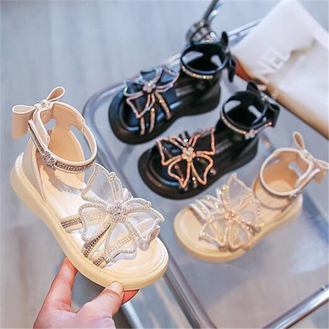 New Style Children Girl Sandals Summer Bow Rhinestone Princess Shoes Soft -bottom Kids Baby Open Toe Sandal