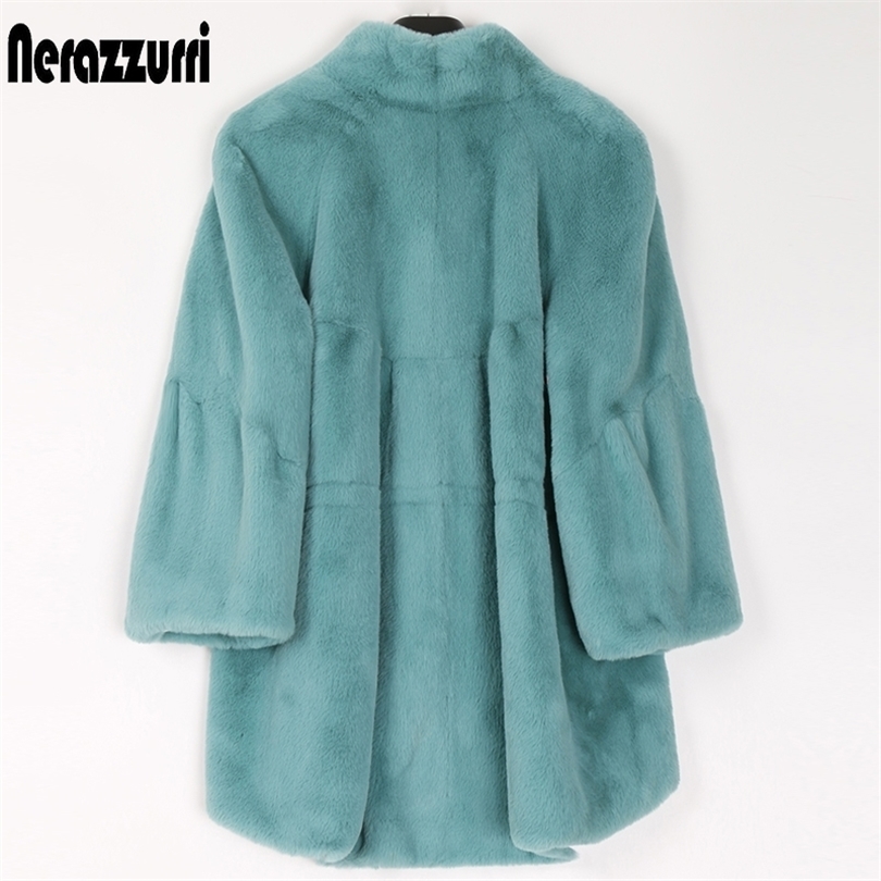 Nerazzurri Fluffy loose faux fur coat women flare raglan sleeve Plus size furry jacket fashion autumn winter women clothes 201019