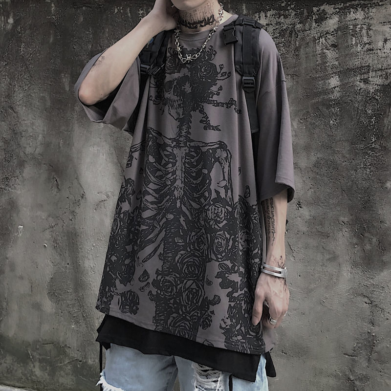 QWEEK Gothic Harajuku Skull T-shirt Korean Fashion Oversized Short Sleeve Tees Shirt Mall Goth Tops Grunge Alt Kpop Clothes 220321