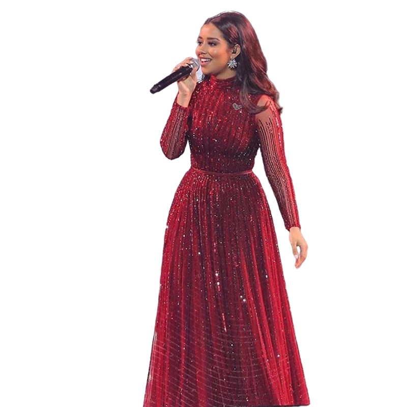 Burgundy Arabic Long Sleeve Evening Dresses 2022 Sparkly Beaded Flowy Skirt High Neck Dubai Aso Ebi Luxury Prom Dress Yousef Aljasmi