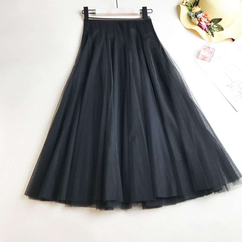 Summer Mesh Women Pleated Skirt Solid High Waist A Line Tulle s Chic Long Maxi Tutu Holiday Beach 220317
