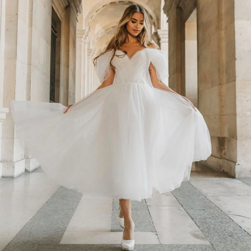 Sexy Tea Length Short Wedding Dress 2022 Off The Shoulder A Line Tulle Boho Wedding Dresses Modern Summer Beach Bridal Country Wear Women Garden Vesti