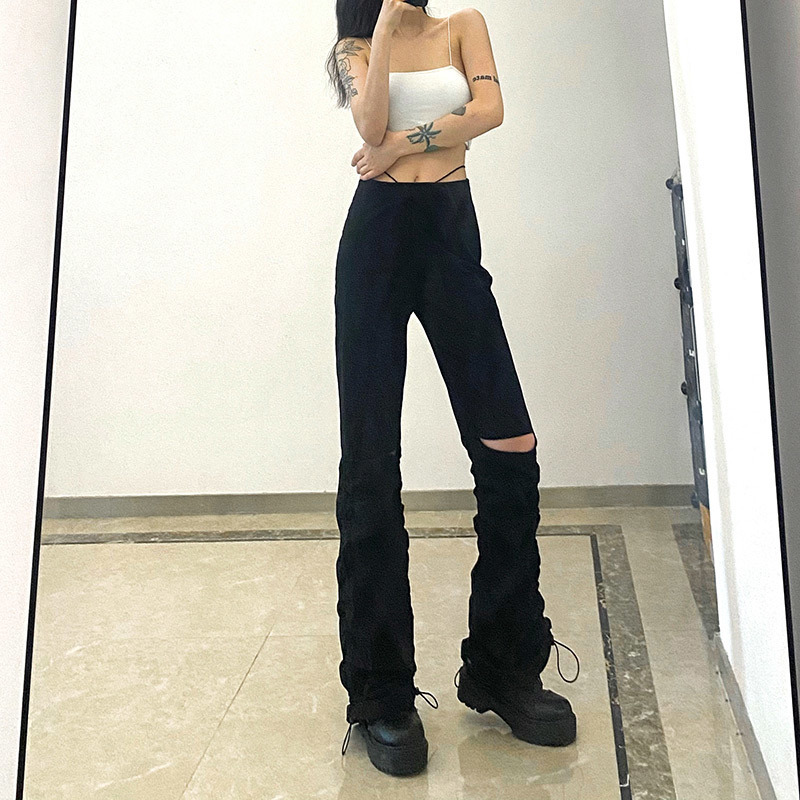 High Waist Y2K Hole Women's Pants Stacked Pleated Black Girls Slim Trouser Summer Autumn Streetwear Female 220325