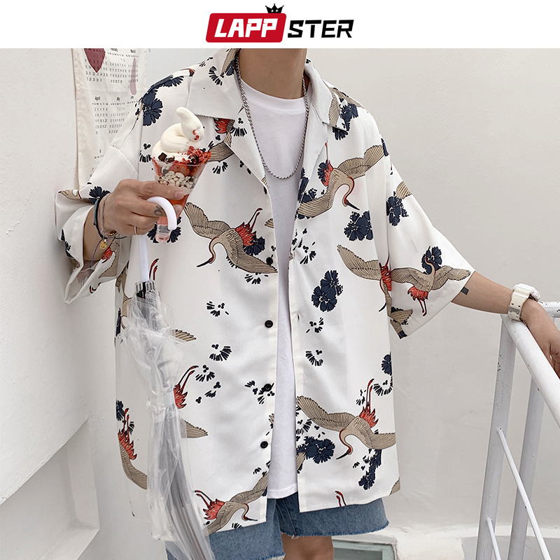 LAPPSTER Mens Crane Print Shirts Harajuku Summer Vintage Button Up Short Sleeve Male Korean Fashions Smooth Blouses 220322