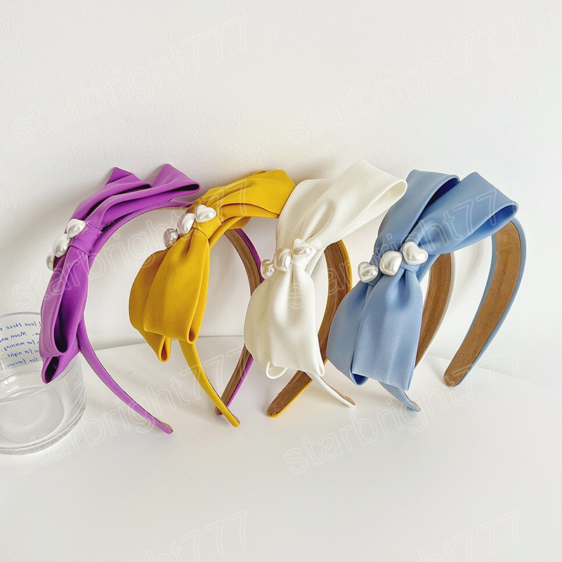 Satin Bow Heart Pearl Hairbands Headbands Ornament Women Candy Color Hair Hoop Hair Accessories Wholesale