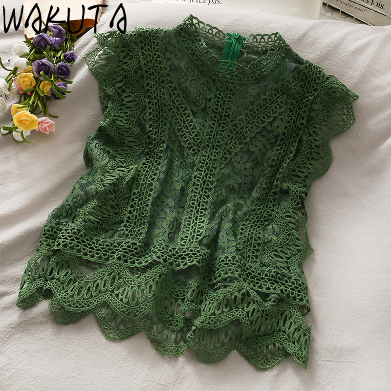 WAKUTA Sweet Hollow Out Lace Tank Tops Women Japanese Fashion Elegant Office Lady Solid Chic Sleeveless Crop Summer 220316