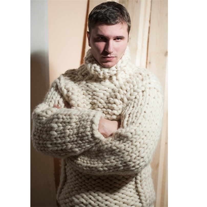 Winter Super chunky Men's Turtleneck Sweater Loose casual handmade thick wool Sweater coat Thick warm male winter clothing 201203