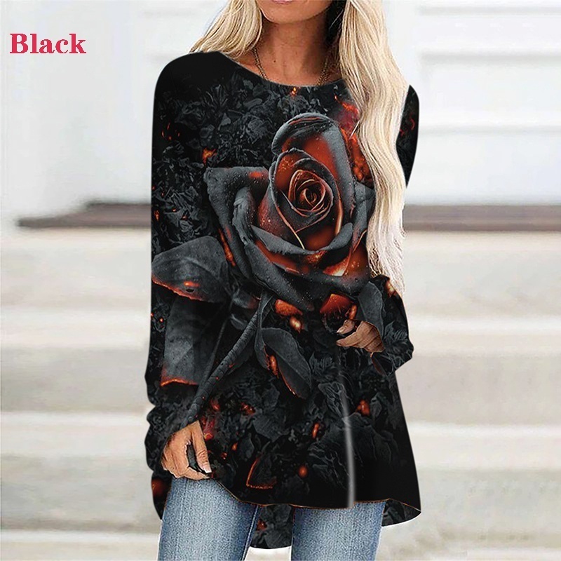 Women Flowers Printed Casual Round Neck Long Sleeves Plus Size Cotton Tunic Loose TShirt Pullover 8XL 220321Z