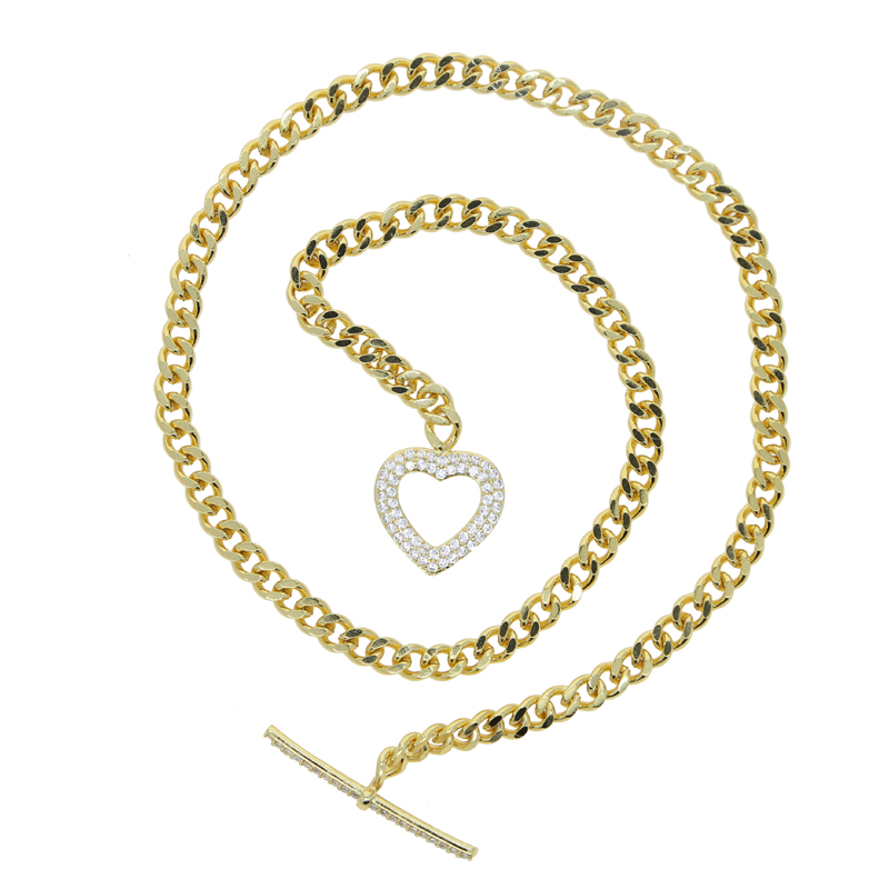Cuban k Chain Heart Clasp Necklace: Gold-Plated Micro Paved Clear Cz