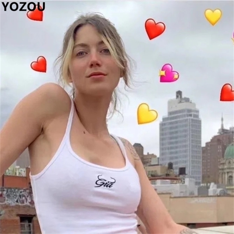 Women Summer Vintage Retro Cotton Gia Letters Embroidery Crop Top Cami White Black 90s Casual Solid Female 220325