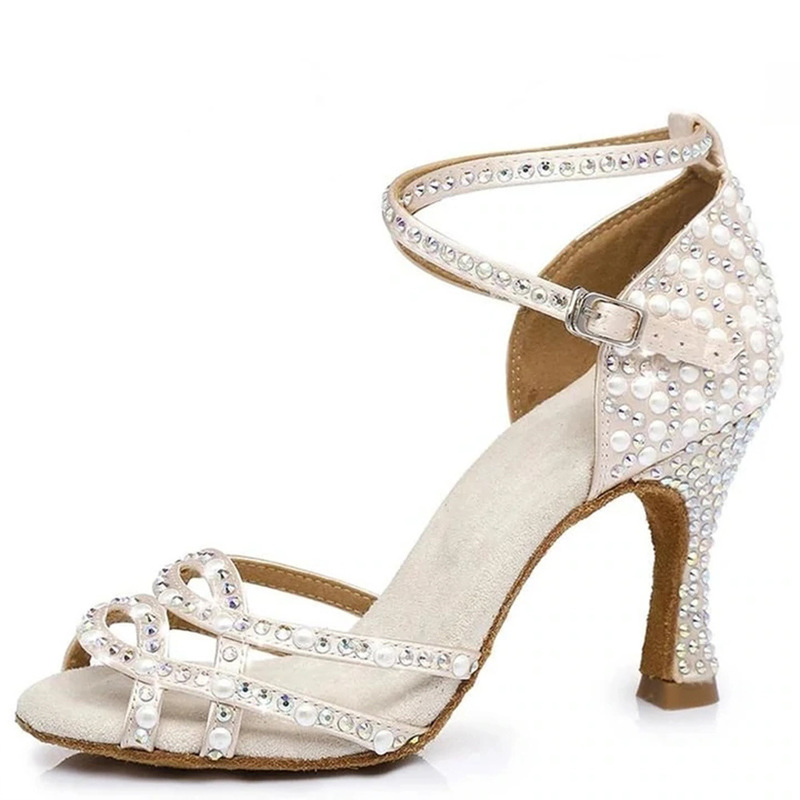 Pearl Latin Salsa Performance Dance Shoes Samba Rumba Ladies Soft Sole Shining Party Ballroom Girl Heel 220509
