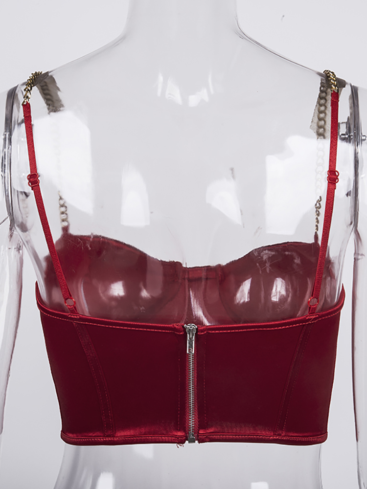 Asia Summer Crop Top Women Sexy Bustier Blackless Chain Strap Padded ped Casual Satin Black s Clothes 220325