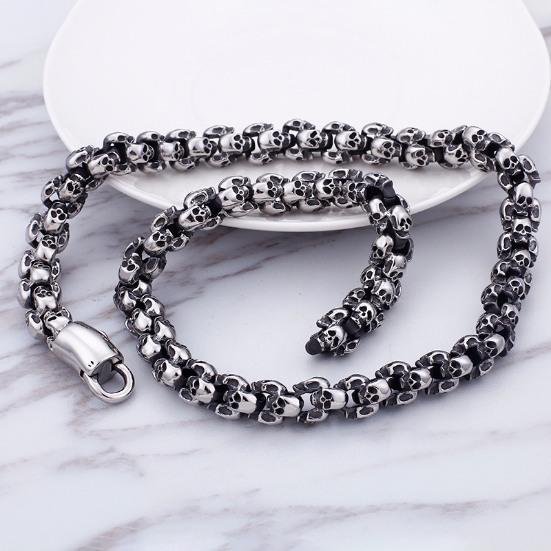 Ancient Silver Skeleton Stainless Steel Chains Bracelets Punk Men's Personality Hip Hop Rock Necklaces Bangle Jewelry