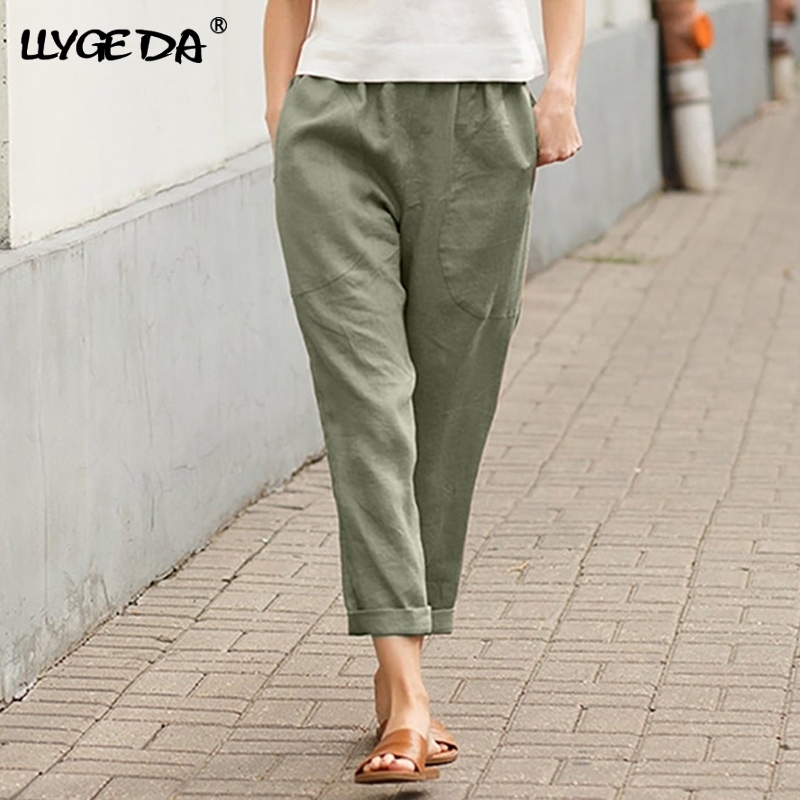 Cotton Linen Big Pocket Thin Women's Pants Solid Elastic Waist Pant For Women Summer Straight White Homewear Trousers 220325