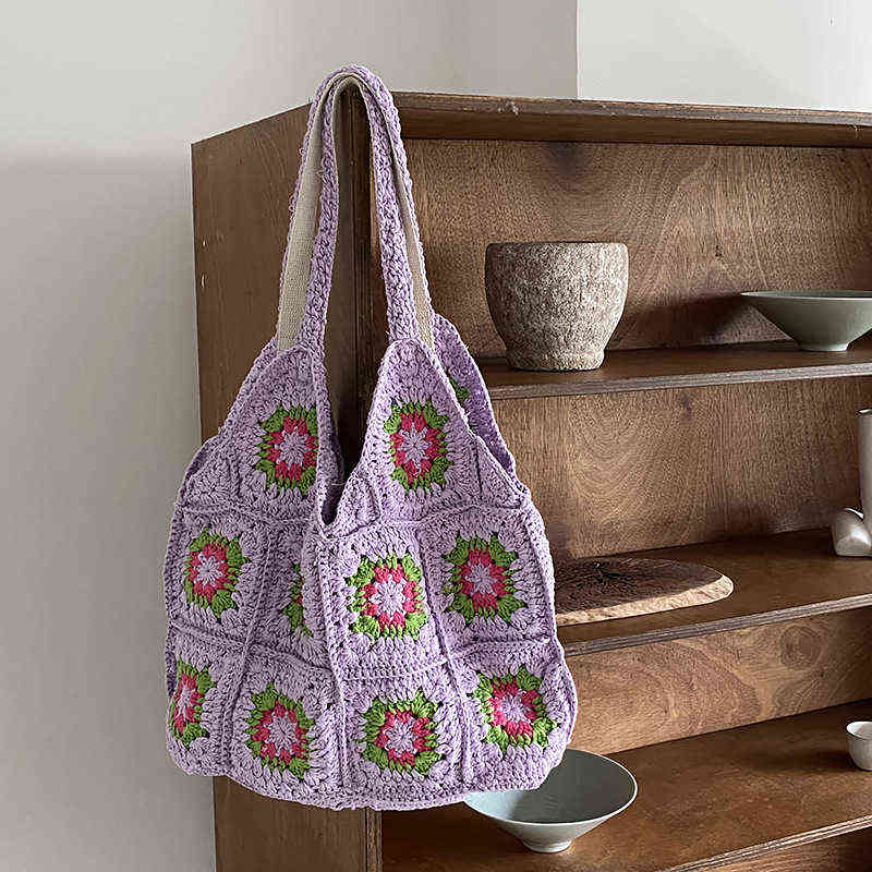 Bohemian Floral Knitted Women Shoulder Bags Crochet Woven Lady Handbags Causal Summer Beach Bag Braid Big Shopper Purses 2022 220705