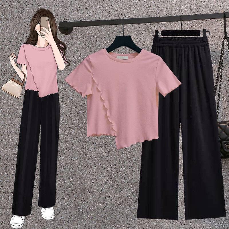 Women' Two Piece Pants Summer Casual Short Sleeve Wooden Ear Blouse Black Wide Two-piece Suit Female Sweatshirt Sets O-NeckWomen
Women' Two Piece Pants Summer Casual Short Sleeve Wooden Ear Blouse Black Wide Two-piece Suit Female Sweatshirt Sets O-NeckWomen