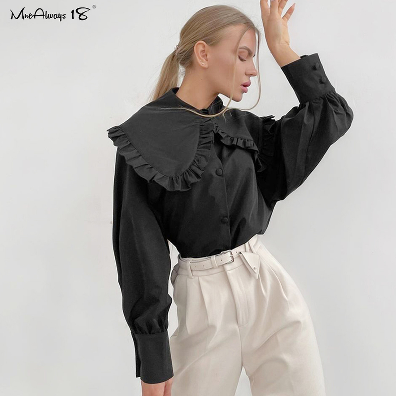 Mnealways18 Big Peter Pan Collar Ruffle Womens Blouse Long Sleeve White Cotton Casual Tops Female Spring Summer Frill Shirt 220407