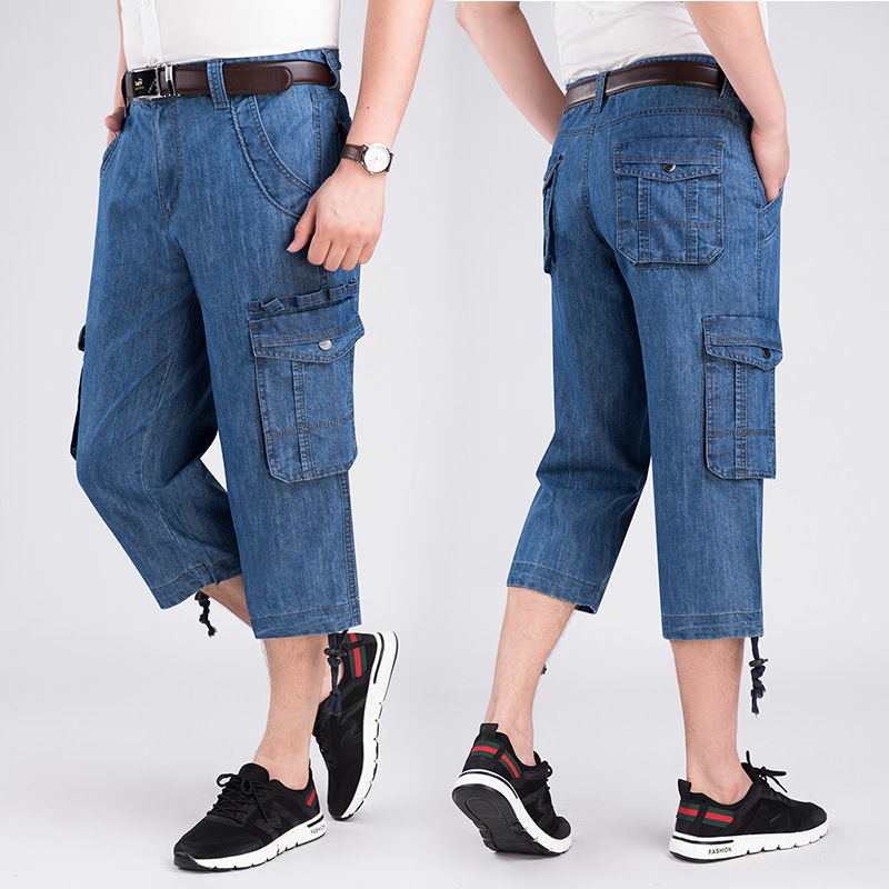 Jeans Shorts Men's Summer Breeches Multi Side Pocket Casual Bermuda Male Straight Long Blue Denim Loose Cargo Men 220318