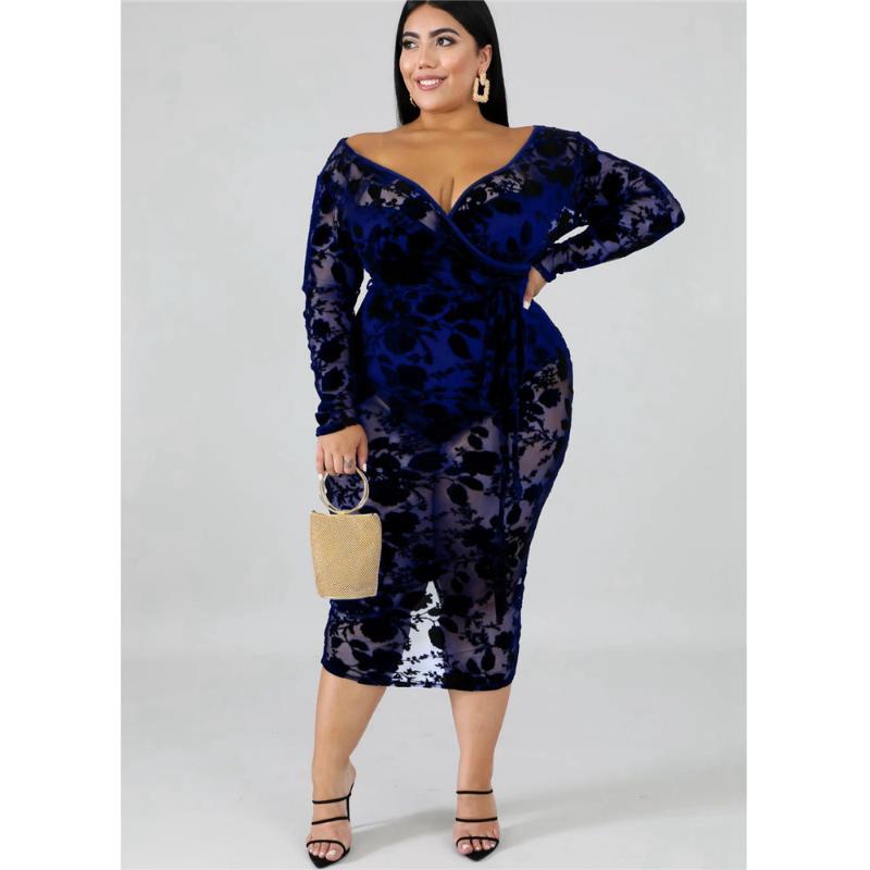 Plus Size Dresses Women's Dress 6XL Sexy V-neck See-through Long-sleeved Lace Spring Fashion Nightclub Evening Party, Blue
Plus Size Dresses Women's Dress 6XL Sexy V-neck See-through Long-sleeved Lace Spring Fashion Nightclub Evening Party, Blue