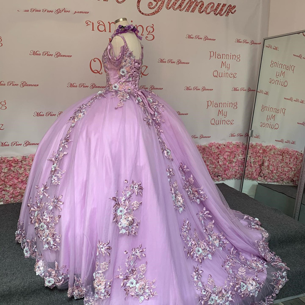 lavender lilac Flowers Quinceanera Dress 2022 Off Shoulder lace-up corsetProm sweet 15 Party for Girl Graduation Wear vestidos de xv anos