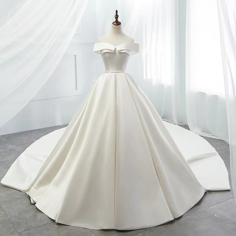 Modern Simple Wedding Dress 2022 Satin Off The Shoulder Boho Plus Size Sweep Train Bridal Princess Ball Gowns Thin Bride Dresses