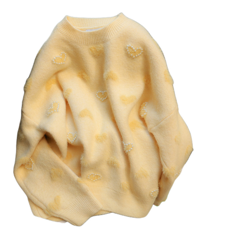 Womens Yellow Pearl Heart Sweater Autumn Winter Loose Knitted Pullover Korean Version Oversized Knit Sweater Top Long Sleeves 220817