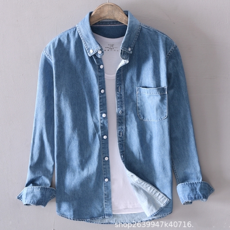 Spring Men's Thin Lapel Denim Shirt High-quality Fashion Casual Long-sleeved Solid Color Classic Cotton Plus Size Top 220322