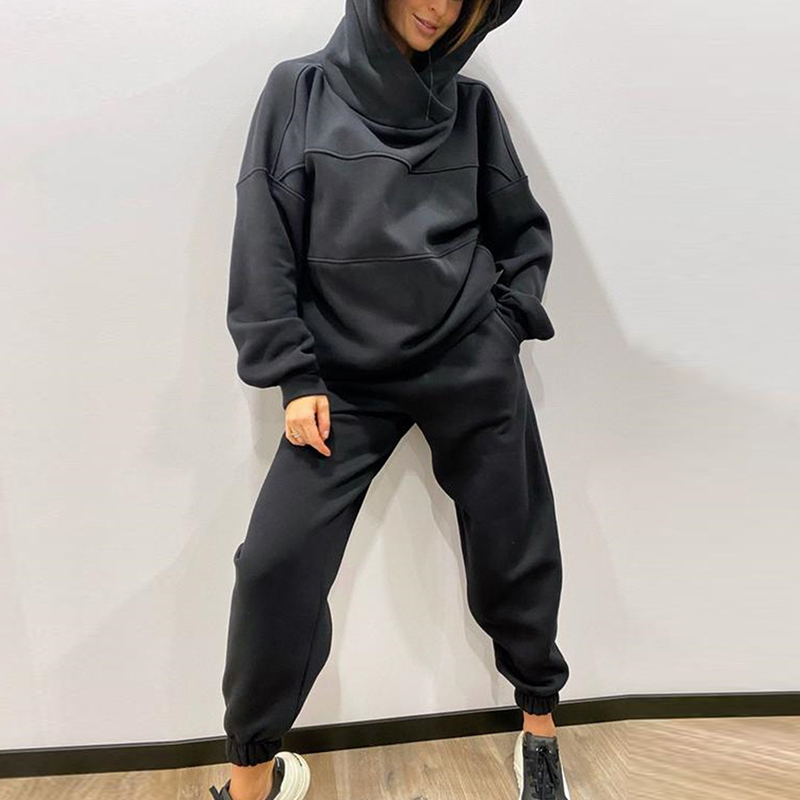 Casual Women Solid Fleece Two Piece Set Oversize Hoodies And High Waist Trousers Suit Autumn Winter Female Sportswear Tracksuits 220817