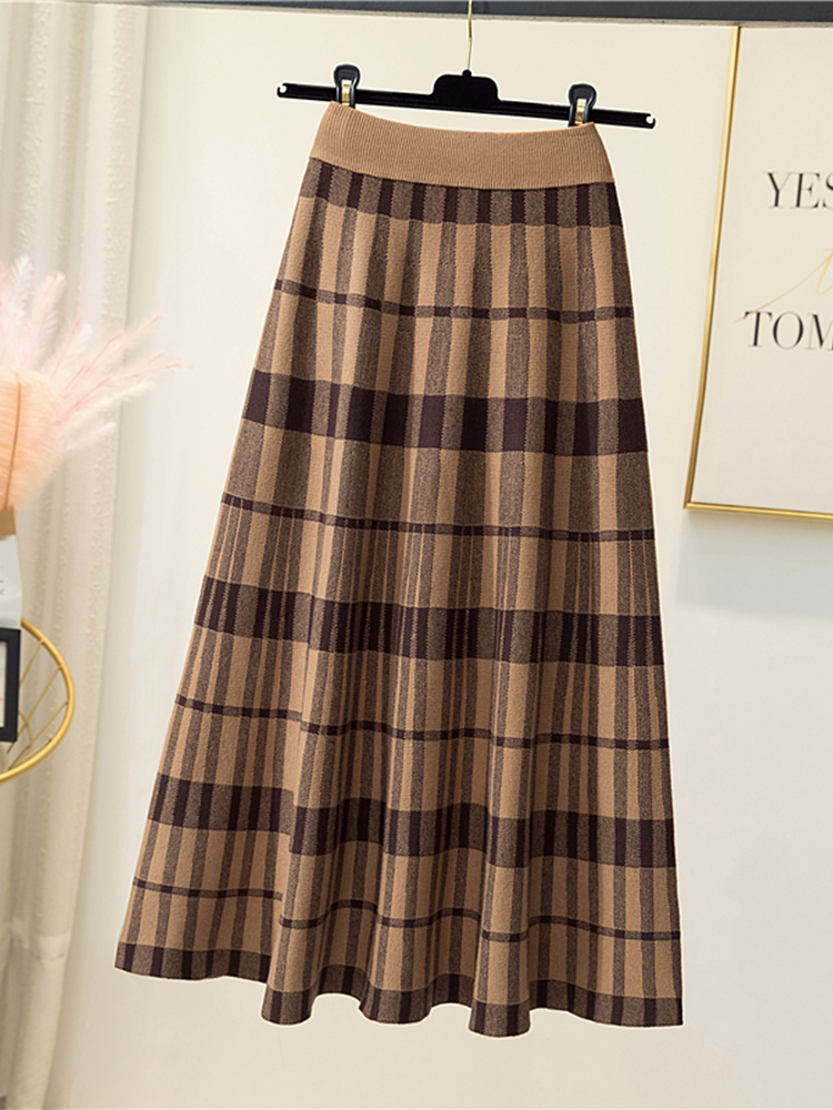 Women Knitted Skirt Female Autumn Winter High Waist Umbrella Ladies Casual Vintage Thick Warm Elegant Mid-length 220317