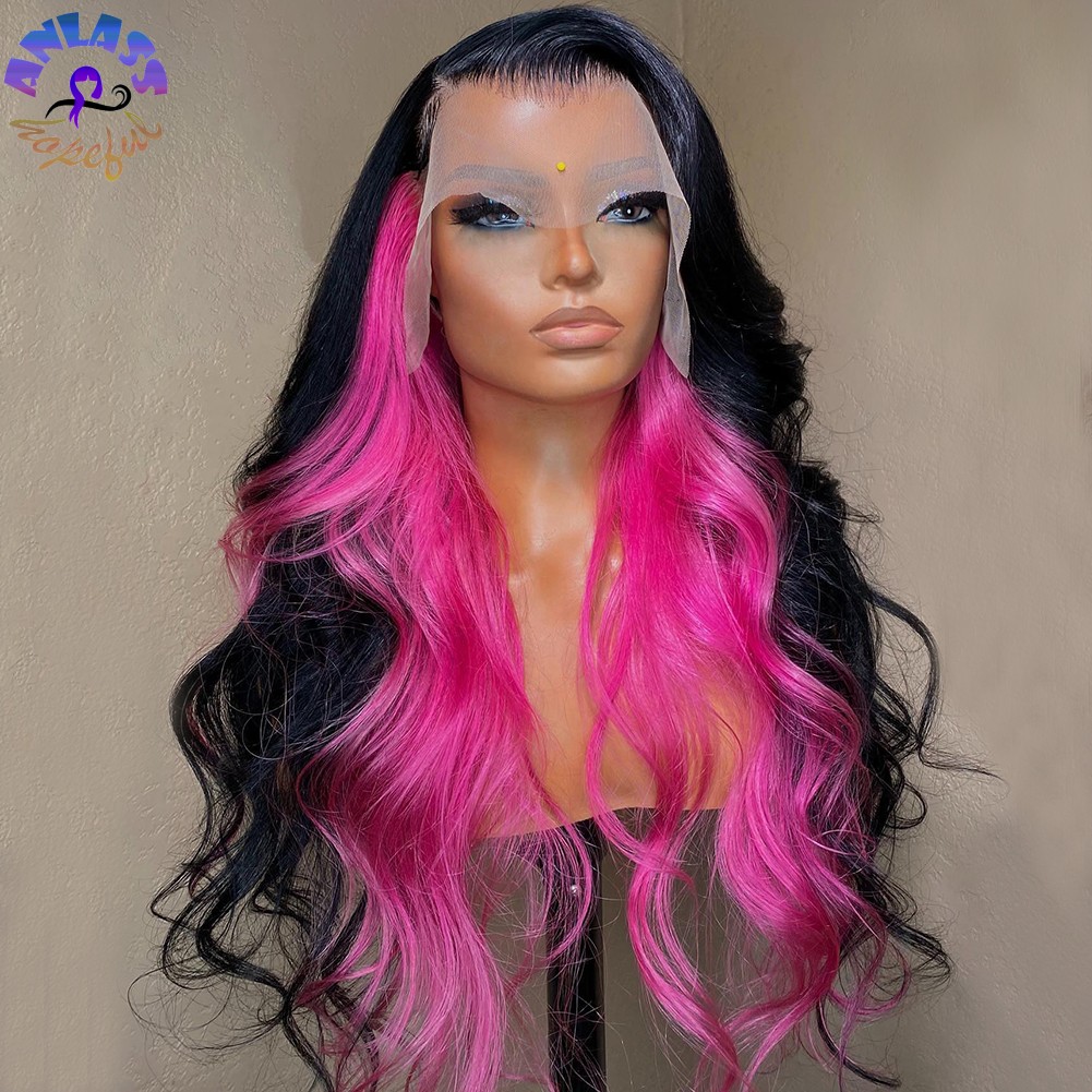 180 Density Pink Highlight With Black Body Wave Wig Brazilian Wigs Pre Plucked 13x4 Lace Frontal Wig Synthetic Hair Transparent Lace